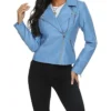 Womens Blue Leather Asymmetrical Collar Biker Jacket Zipper