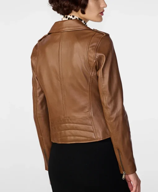 Women's Brown Leather Biker Zipper Jacket Back