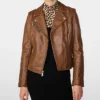 Women's Brown Leather Biker Zipper Jacket Main