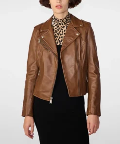 Women's Brown Leather Biker Zipper Jacket Main