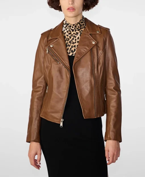 Women's Brown Leather Biker Zipper Jacket Main