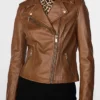 Women's Brown Leather Biker Zipper Jacket Zipper