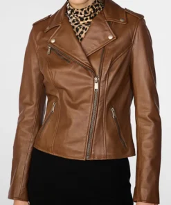 Women's Brown Leather Biker Zipper Jacket Zipper