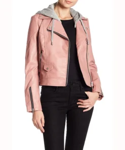 Women’s Pink Hooded Real Leather Jacket Main