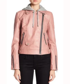 Women’s Pink Hooded Real Leather Jacket Zipper