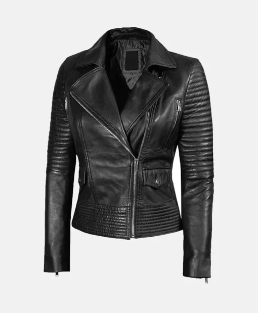 Womens Quilted Genuine Leather Biker Jacket Side