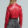 Womens Red Essential Cropped Leather Moto Jacket Back