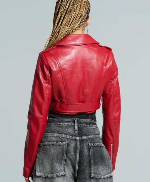 Womens Red Essential Cropped Leather Moto Jacket Back