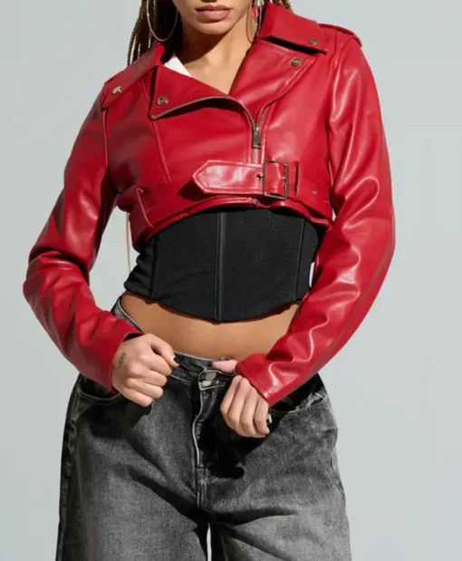 Womens Red Essential Cropped Leather Moto Jacket - Image 2