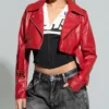 Womens Red Essential Cropped Leather Moto Jacket Main