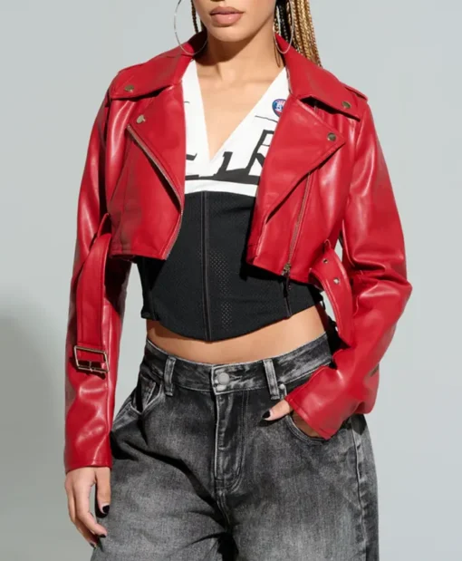 Womens Red Essential Cropped Leather Moto Jacket Main