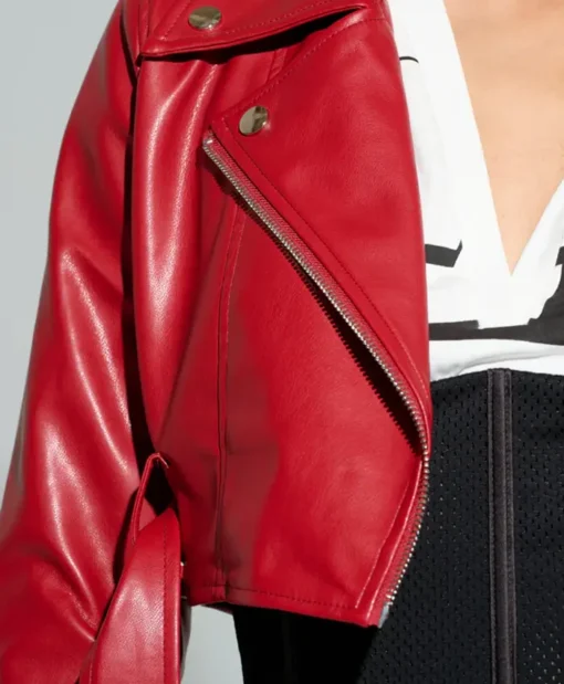 Womens Red Essential Cropped Leather Moto Jacket Zipper