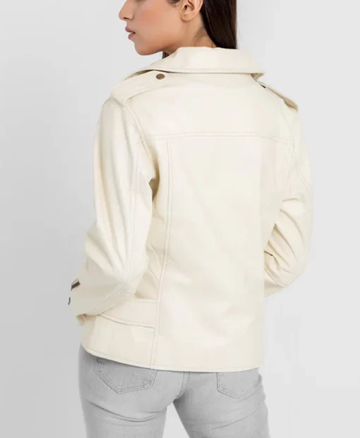 Women's Riveted Beige Leather Biker Jacket Back