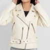 Women's Riveted Beige Leather Biker Jacket Main