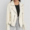 Women's Riveted Beige Leather Biker Jacket Zipper