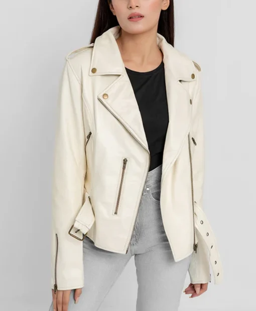 Women's Riveted Beige Leather Biker Jacket Zipper