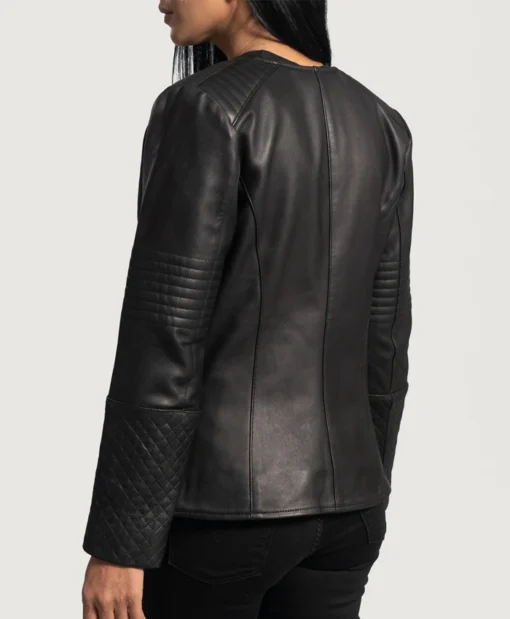 Womens Round Collar Quilted Black Leather Jacket Back