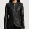 Womens Round Collar Quilted Black Leather Jacket Main