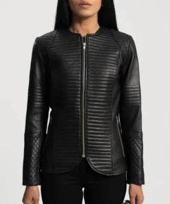 Womens Round Collar Quilted Black Leather Jacket Main