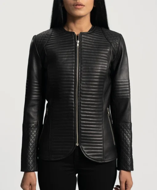 Womens Round Collar Quilted Black Leather Jacket Main