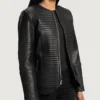 Womens Round Collar Quilted Black Leather Jacket Side