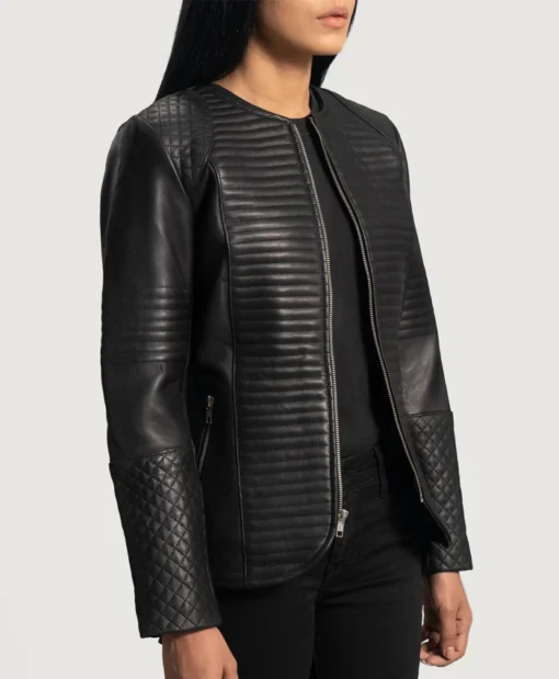 Womens Round Collar Quilted Black Leather Jacket Side