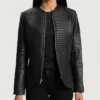 Womens Round Collar Quilted Black Leather Jacket Zipper