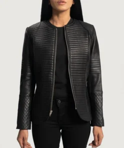 Womens Round Collar Quilted Black Leather Jacket Zipper