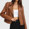 Womens Stylish Racer Leather Jacket Brown Main