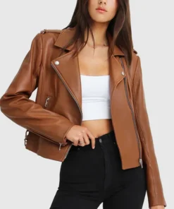 Womens Stylish Racer Leather Jacket Brown Main