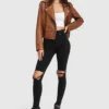 Womens Stylish Racer Leather Jacket Brown Stand Up