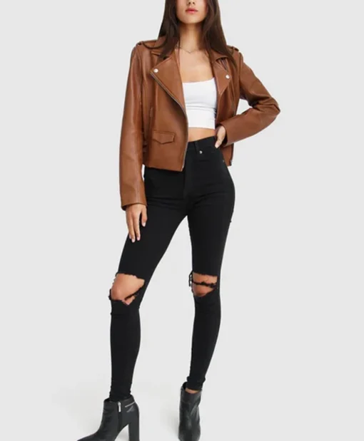 Womens Stylish Racer Leather Jacket Brown Stand Up