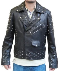 Black Punk Leather Jacket With Spikes Studs