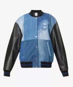 Christina Hall The Flip Off Blue Denim Varsity Jacket For Sale