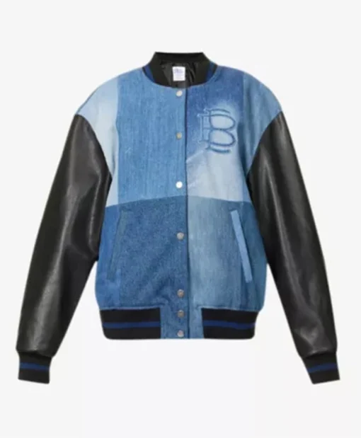 Christina Hall The Flip Off Blue Denim Varsity Jacket For Sale