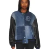 Shop Christina Hall The Flip Off Blue Denim Varsity Jacket