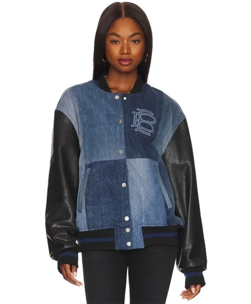 Shop Christina Hall The Flip Off Blue Denim Varsity Jacket