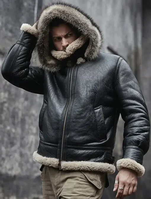 Antonio-SF Hooded Shearling Fur Black Bomber Jacket