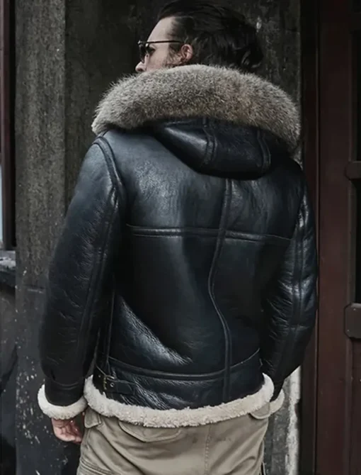 Antonio-SF Hooded Shearling Fur Black Bomber Jacket Back