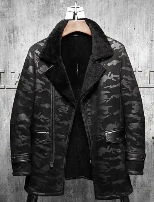 Charles Black Camo Lapel Shearling Leather Coat