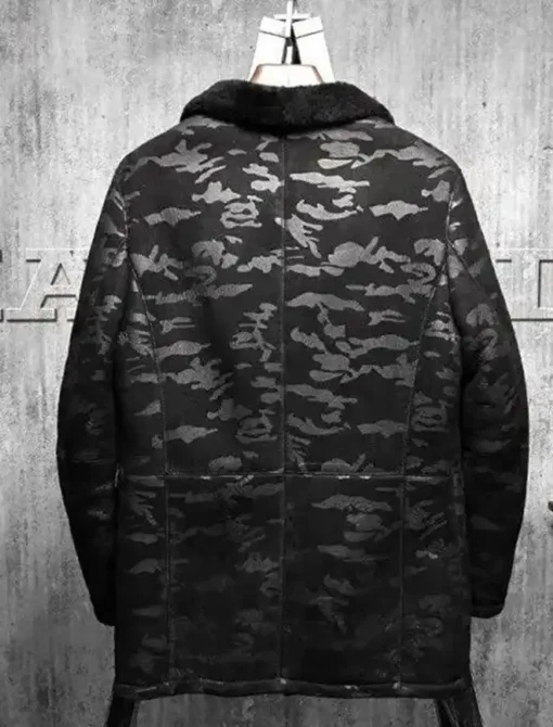Charles Black Camo Lapel Shearling Leather Coat Back