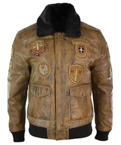 Devin Aviator Tan Bomber Brown Jacket with Patches