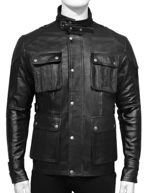 4 Pockets Black Leather Jacket