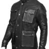 4 Pockets Black Leather Jacket Front