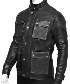 4 Pockets Black Leather Jacket Front