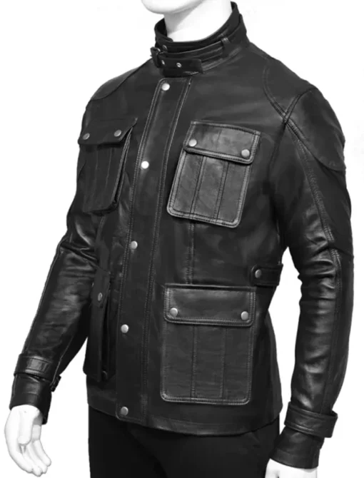 4 Pockets Black Leather Jacket Front