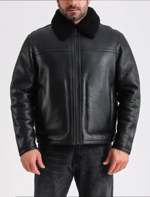Black Shearling Aviator Jacket Front