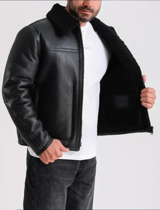 Black Shearling Aviator Jacket Pocket