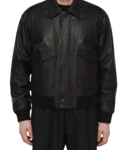 Classic Men's Black Leather Bomber Jacket Front