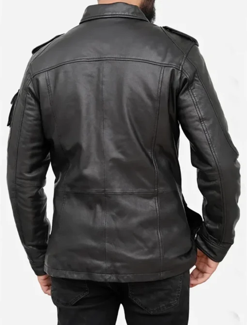 Men's Black Leather Field Jacket Back